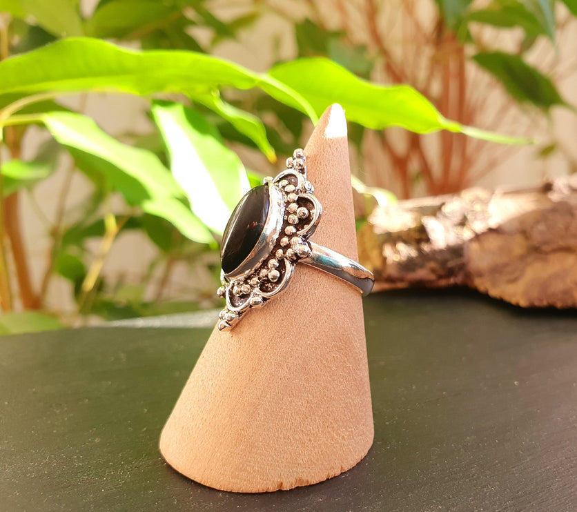 Boho Indian Black Onyx Silver Ring / Ethnic / Rustic / Festival / Tribal / Black / Hippie / Gypsy / Psy / Stone / Healing / Adjustable