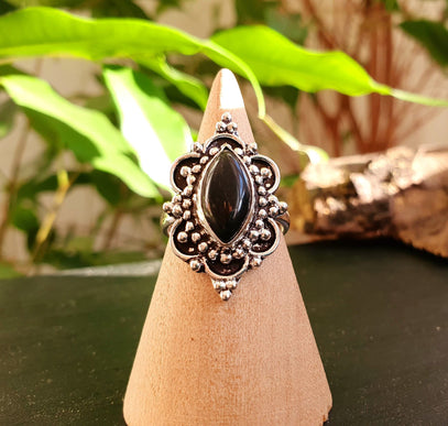 Boho Indian Black Onyx Silver Ring / Ethnic / Rustic / Festival / Tribal / Black / Hippie / Gypsy / Psy / Stone / Healing / Adjustable