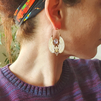 Golden Scarab Earrings Ancient Egypt & Labradorite ; Ethnic, Geometric, rustic, yoga, hippie, gypsy, pretty, boho, bohemian, festival