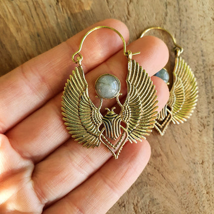 Golden Scarab Earrings Ancient Egypt & Labradorite ; Ethnic, Geometric, rustic, yoga, hippie, gypsy, pretty, boho, bohemian, festival