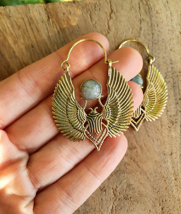 Golden Scarab Earrings Ancient Egypt & Labradorite ; Ethnic, Geometric, rustic, yoga, hippie, gypsy, pretty, boho, bohemian, festival