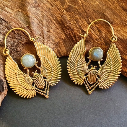 Golden Scarab Earrings Ancient Egypt & Labradorite ; Ethnic, Geometric, rustic, yoga, hippie, gypsy, pretty, boho, bohemian, festival