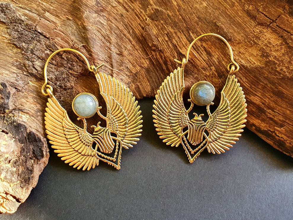 Golden Scarab Earrings Ancient Egypt & Labradorite ; Ethnic, Geometric, rustic, yoga, hippie, gypsy, pretty, boho, bohemian, festival