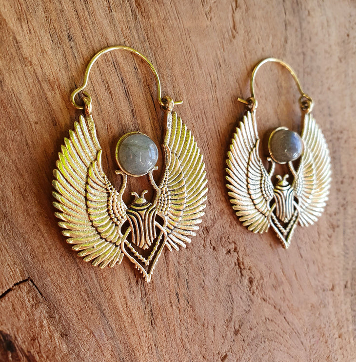 Golden Scarab Earrings Ancient Egypt & Labradorite ; Ethnic, Geometric, rustic, yoga, hippie, gypsy, pretty, boho, bohemian, festival