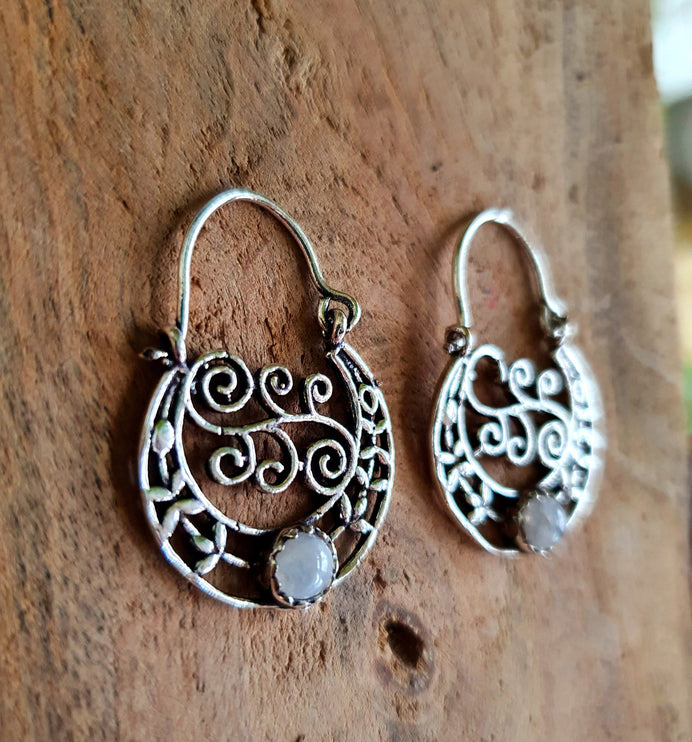 Petites Créoles / Pierre de Lune Moonstone / Boucles D'oreilles Argent / Boho Bohème Ethnique Rustique Indienne Yoga Gypsy Hippie Bohemian