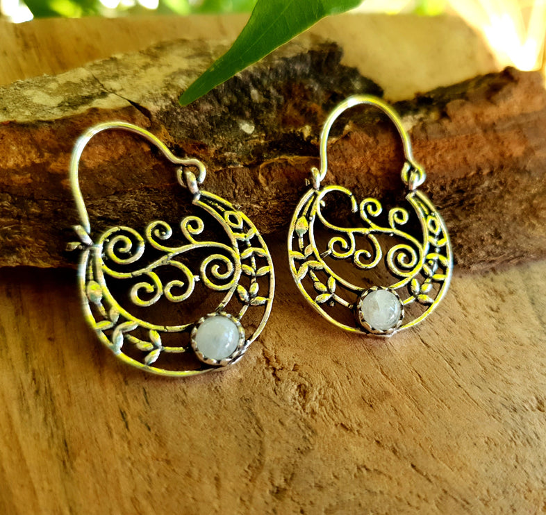 Petites Créoles / Pierre de Lune Moonstone / Boucles D'oreilles Argent / Boho Bohème Ethnique Rustique Indienne Yoga Gypsy Hippie Bohemian