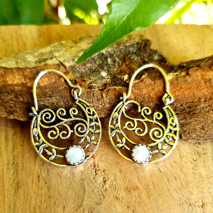 Petites Créoles / Pierre de Lune Moonstone / Boucles D'oreilles Argent / Boho Bohème Ethnique Rustique Indienne Yoga Gypsy Hippie Bohemian