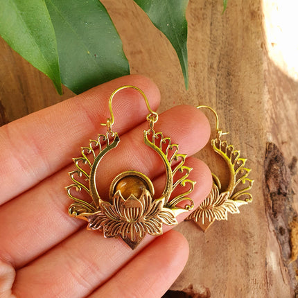 Golden Lotus Flower Tiger Eye Earrings rustic, yoga, hippie, gypsy, pretty, psy, boho, bohemian, festival