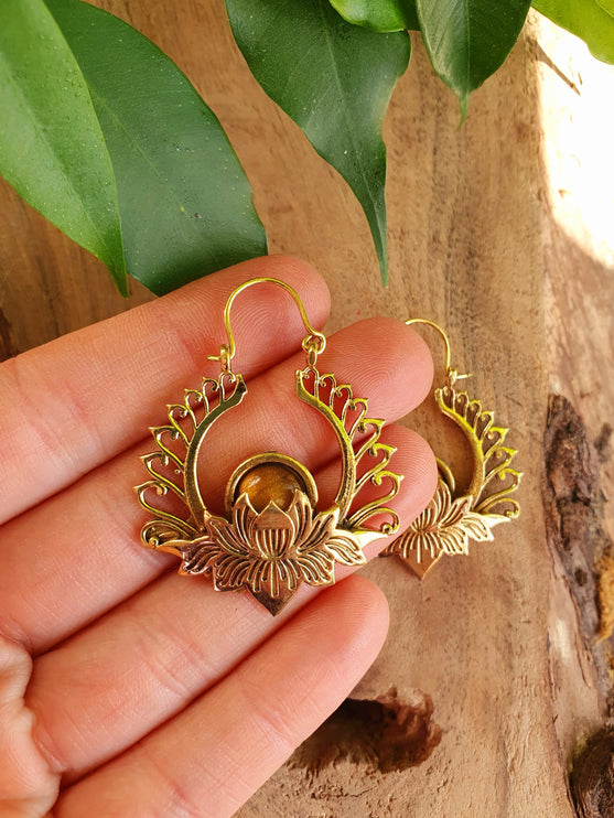 Golden Lotus Flower Tiger Eye Earrings rustic, yoga, hippie, gypsy, pretty, psy, boho, bohemian, festival