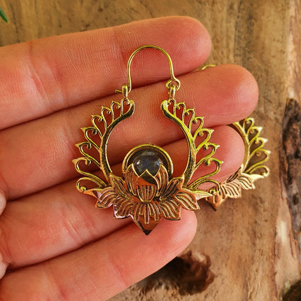 Golden Lotus Flower Labradorite Earrings rustic, yoga, hippie, gypsy, pretty, psy, boho, bohemian, festival