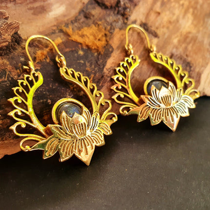 Golden Lotus Flower Labradorite Earrings rustic, yoga, hippie, gypsy, pretty, psy, boho, bohemian, festival