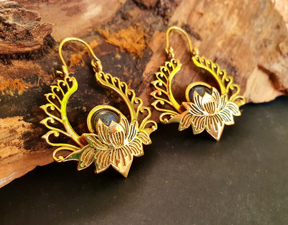 Golden Lotus Flower Labradorite Earrings rustic, yoga, hippie, gypsy, pretty, psy, boho, bohemian, festival