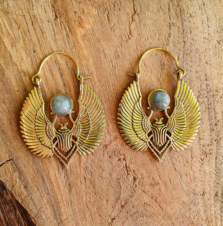 Golden Scarab Earrings Ancient Egypt & Labradorite ; Ethnic, Geometric, rustic, yoga, hippie, gypsy, pretty, boho, bohemian, festival