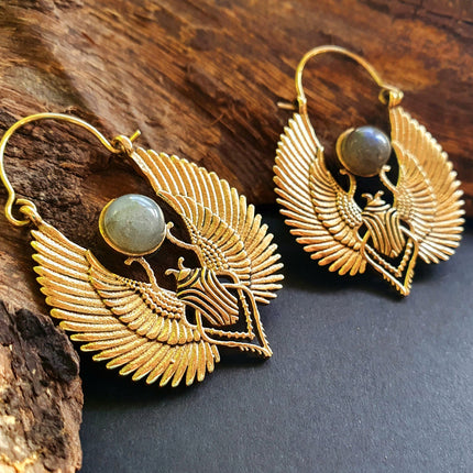 Golden Scarab Earrings Ancient Egypt & Labradorite ; Ethnic, Geometric, rustic, yoga, hippie, gypsy, pretty, boho, bohemian, festival