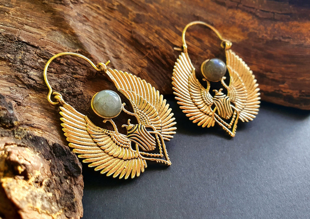 Golden Scarab Earrings Ancient Egypt & Labradorite ; Ethnic, Geometric, rustic, yoga, hippie, gypsy, pretty, boho, bohemian, festival