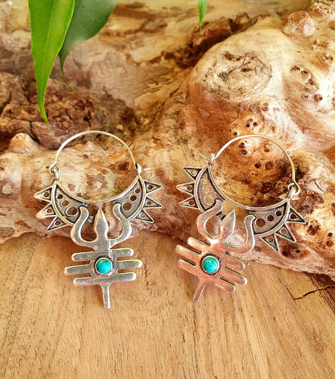 Inca Turquoise & Silver Earrings Ethnic, Aztèque, rustic, yoga, talisman, gypsy, pretty, psy, boho, bohemian, festival