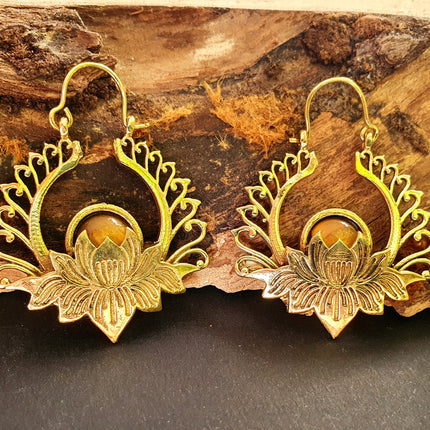 Golden Lotus Flower Tiger Eye Earrings rustic, yoga, hippie, gypsy, pretty, psy, boho, bohemian, festival