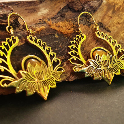 Golden Lotus Flower Tiger Eye Earrings rustic, yoga, hippie, gypsy, pretty, psy, boho, bohemian, festival