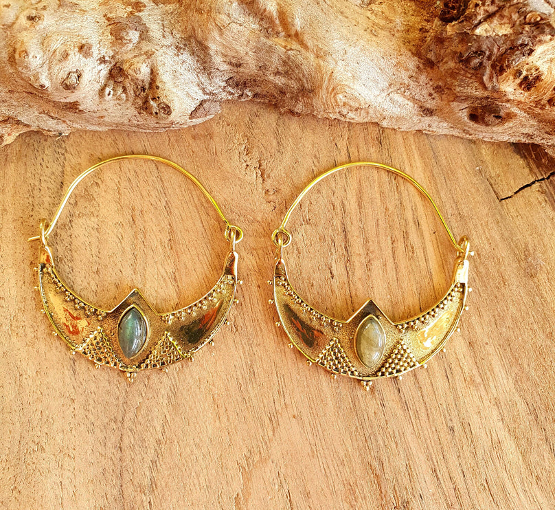 Labradorite & Brass Hoop Earrings Ethnic, rustic, yoga, hippie, gypsy, pretty, psy, boho, bohemian, festival