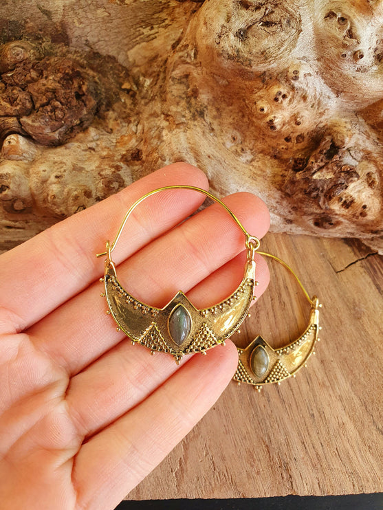 Labradorite & Brass Hoop Earrings Ethnic, rustic, yoga, hippie, gypsy, pretty, psy, boho, bohemian, festival