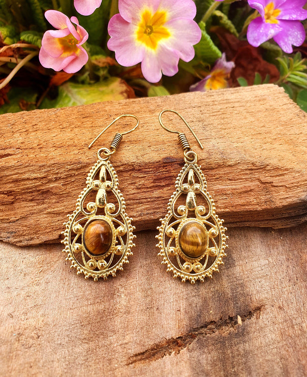 Tiger Eye earrings Brass Drop Dangle earrings / Birth Stone / Ethnic / rustic, yoga, hippie, gypsy, pretty, psy, boho, bohemian, festival