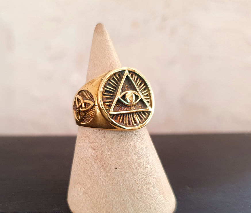 Golden Eye of Providence Ring / Mens Ring / Illuminati / Signet Ring / Third Eye / Boho / Ethnic / Rustic / Gypsy / Psy / Thumb / Psy