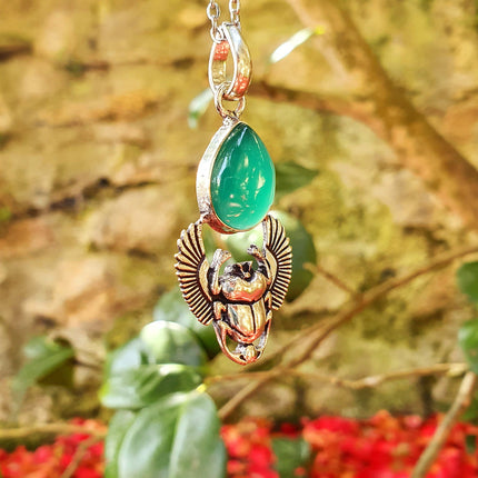 Silver Scarab Necklace / Green Onyx / Talisman / Third Eye / Hypoallergenic / Boho / Inca / Ethnic / Illuminati