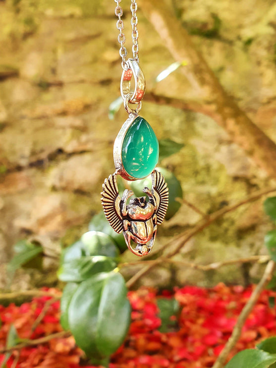 Silver Scarab Necklace / Green Onyx / Talisman / Third Eye / Hypoallergenic / Boho / Inca / Ethnic / Illuminati