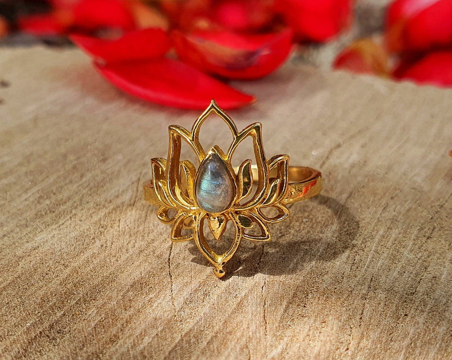 Bague Labradorite Laiton / Fleur de Lotus / Anneau Lotus / Ethnique / Rustique / Hippie / Indienne / Bouddha / Tribal / Gypsy / Boho