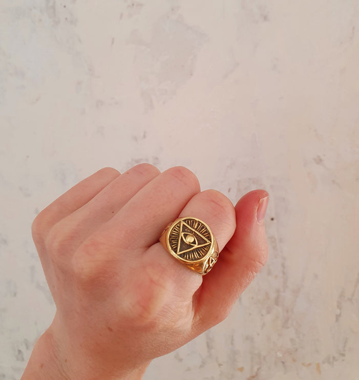 Golden Eye of Providence Ring / Mens Ring / Illuminati / Signet Ring / Third Eye / Boho / Ethnic / Rustic / Gypsy / Psy / Thumb / Psy