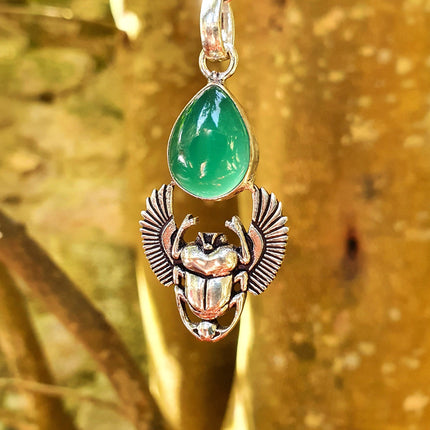 Silver Scarab Necklace / Green Onyx / Talisman / Third Eye / Hypoallergenic / Boho / Inca / Ethnic / Illuminati