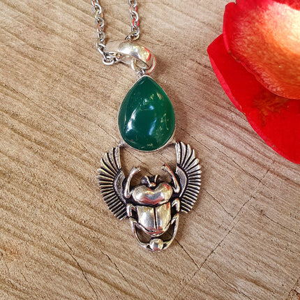 Silver Scarab Necklace / Green Onyx / Talisman / Third Eye / Hypoallergenic / Boho / Inca / Ethnic / Illuminati
