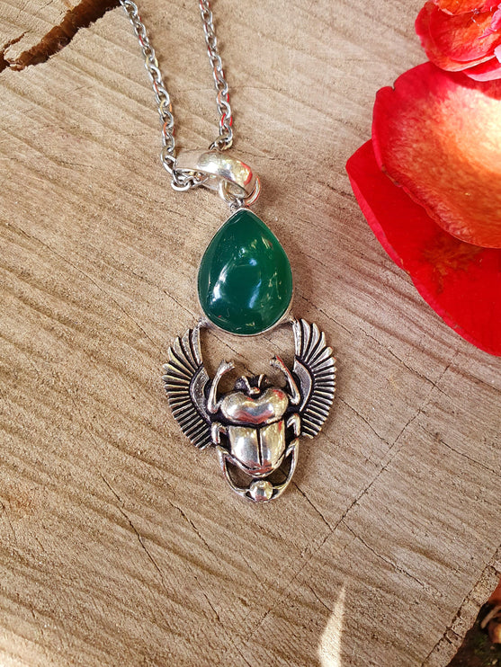 Silver Scarab Necklace / Green Onyx / Talisman / Third Eye / Hypoallergenic / Boho / Inca / Ethnic / Illuminati