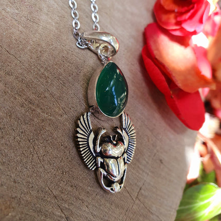 Silver Scarab Necklace / Green Onyx / Talisman / Third Eye / Hypoallergenic / Boho / Inca / Ethnic / Illuminati