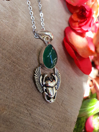 Silver Scarab Necklace / Green Onyx / Talisman / Third Eye / Hypoallergenic / Boho / Inca / Ethnic / Illuminati