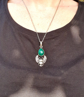 Silver Scarab Necklace / Green Onyx / Talisman / Third Eye / Hypoallergenic / Boho / Inca / Ethnic / Illuminati