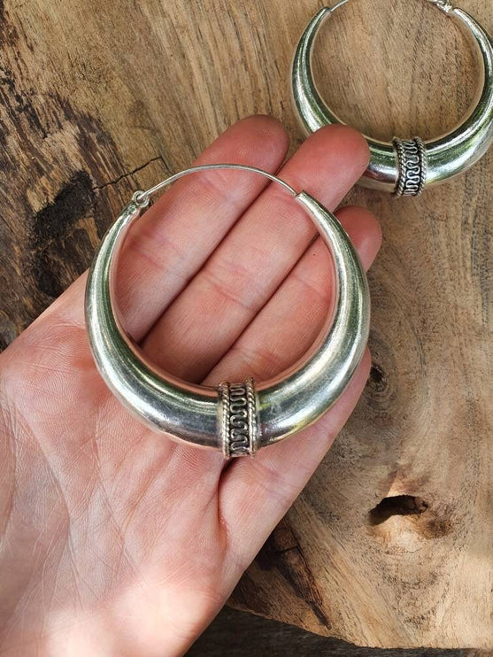 Extra Large Silver Tribal Hoop Earrings / Ear Weights / Ethnic / Rustic / Bohemian / Gypsy / Spiral / Hippie / Chunky / Festival / style