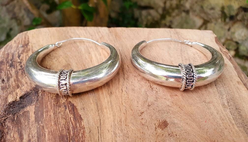 Extra Large Silver Tribal Hoop Earrings / Ear Weights / Ethnic / Rustic / Bohemian / Gypsy / Spiral / Hippie / Chunky / Festival / style