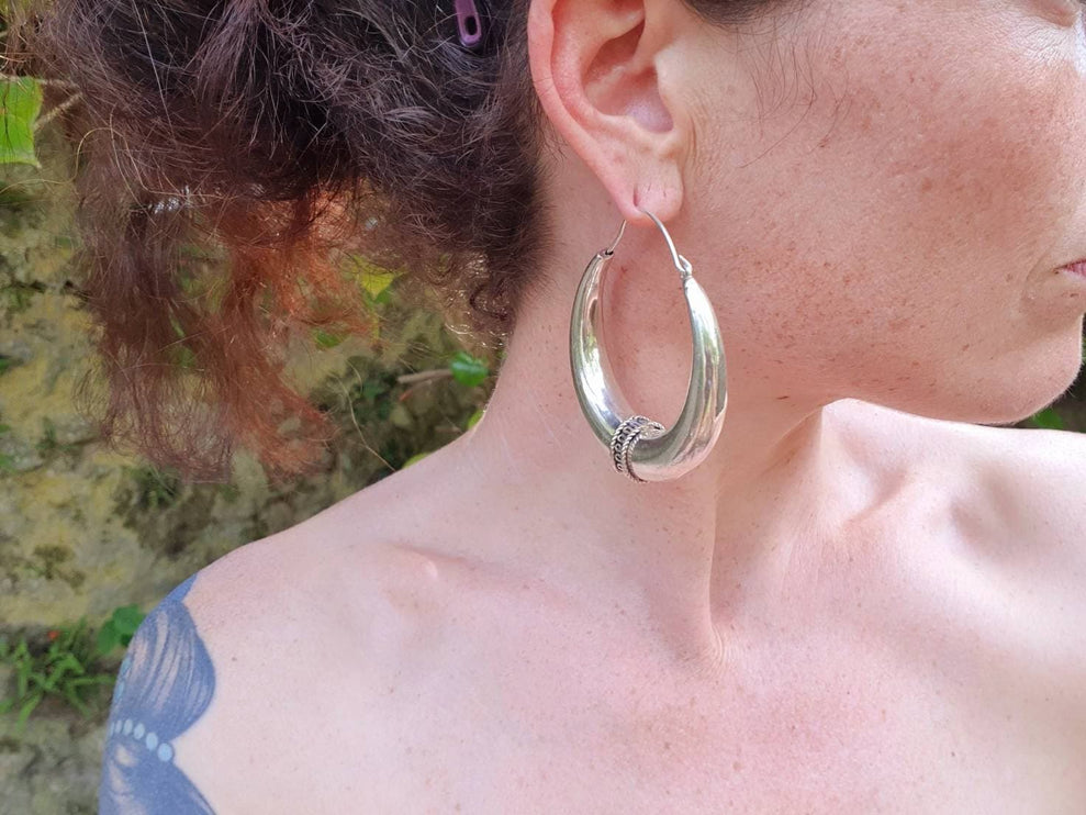 Extra Large Silver Tribal Hoop Earrings / Ear Weights / Ethnic / Rustic / Bohemian / Gypsy / Spiral / Hippie / Chunky / Festival / style