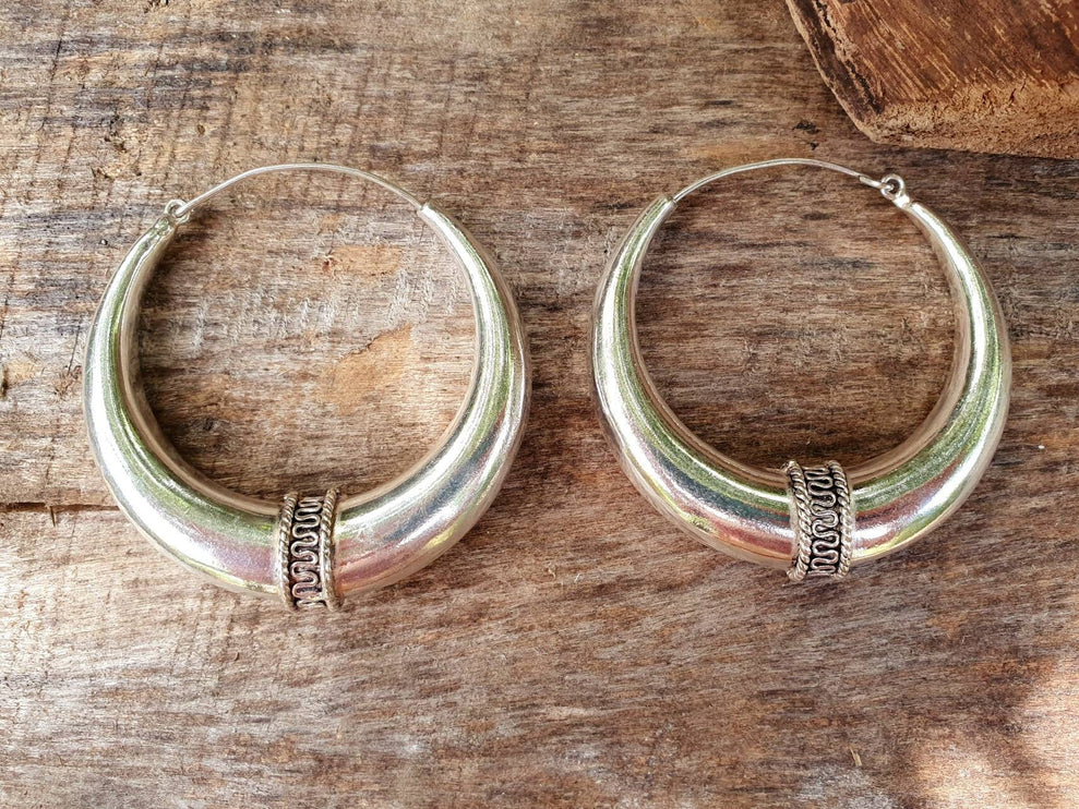 Extra Large Silver Tribal Hoop Earrings / Ear Weights / Ethnic / Rustic / Bohemian / Gypsy / Spiral / Hippie / Chunky / Festival / style