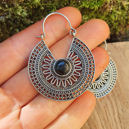 Ethnic Black Onyx Silver Hoop Earrings Ethnic, rustic, yoga, hippie, gypsy, pretty, psy, boho, bohemian, festival