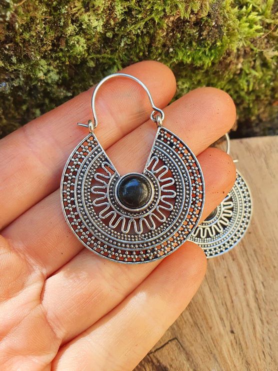 Ethnic Black Onyx Silver Hoop Earrings Ethnic, rustic, yoga, hippie, gypsy, pretty, psy, boho, bohemian, festival