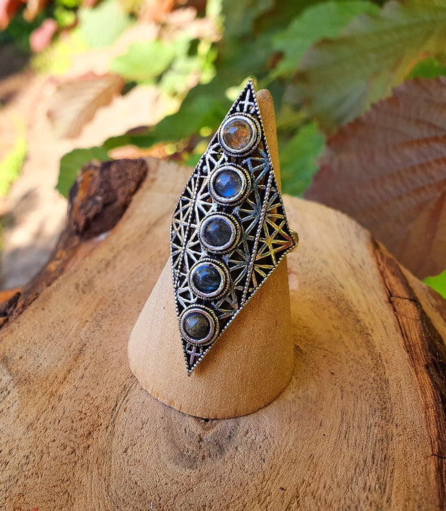 Labradorite Bague Géométrique Mandala / Argent / Triangle / Pointue étoile / Ethnique / Rustique / Quartz / Tribal / Gypsy / Boho