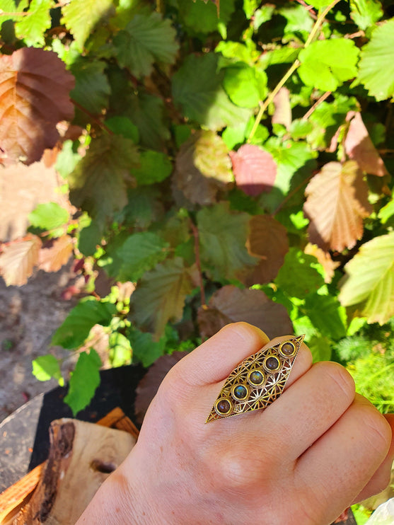 Labradorite Bague Géométrique Mandala / Argent / Triangle / Pointue étoile / Ethnique / Rustique / Quartz / Tribal / Gypsy / Boho