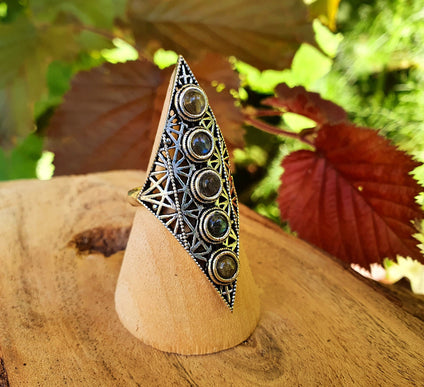 Labradorite Bague Géométrique Mandala / Argent / Triangle / Pointue étoile / Ethnique / Rustique / Quartz / Tribal / Gypsy / Boho