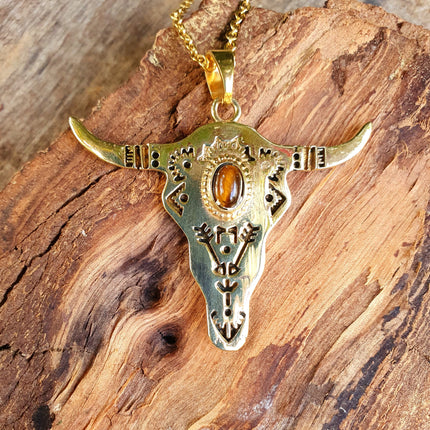 Golden Cow Necklace / Tiger Eye / Talisman / Native American / Third Eye / Hypoallergenic / Brass / Boho / Inca / Ethnic / Illuminati
