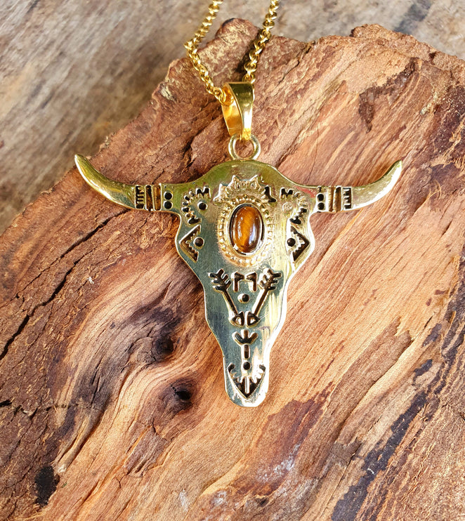 Golden Cow Necklace / Tiger Eye / Talisman / Native American / Third Eye / Hypoallergenic / Brass / Boho / Inca / Ethnic / Illuminati