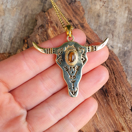 Golden Cow Necklace / Tiger Eye / Talisman / Native American / Third Eye / Hypoallergenic / Brass / Boho / Inca / Ethnic / Illuminati