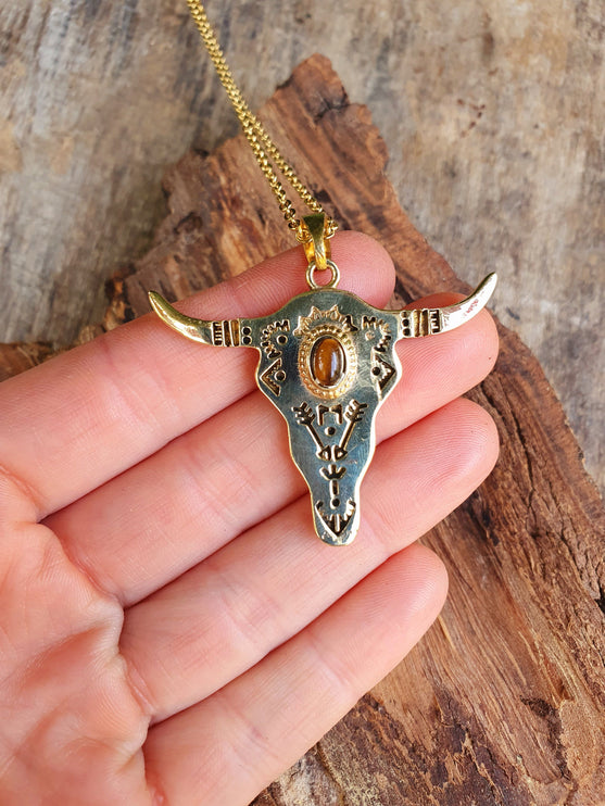 Golden Cow Necklace / Tiger Eye / Talisman / Native American / Third Eye / Hypoallergenic / Brass / Boho / Inca / Ethnic / Illuminati