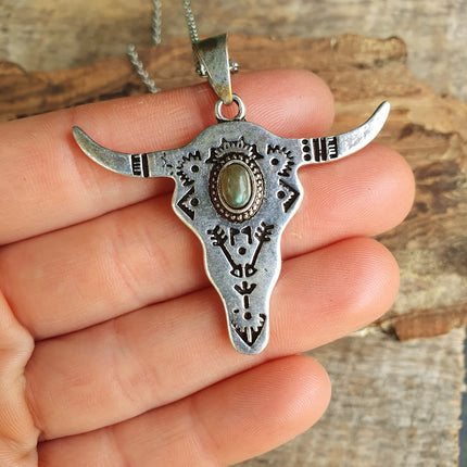 Silver Cow Necklace / Labradorite / Talisman / Native American / Third Eye / Hypoallergenic / Brass / Boho / Inca / Ethnic / Illuminati